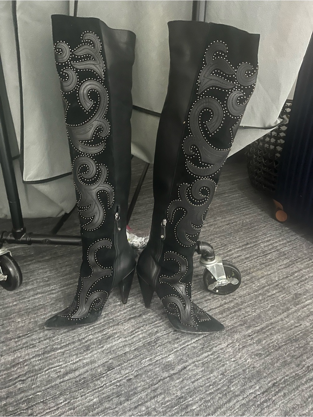 Women's Black Embellished over Knee-High Heeled Boots